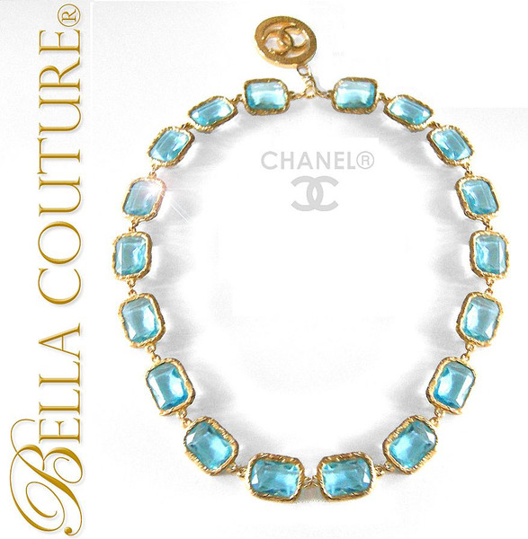 SOLD! - (VINTAGE) AUTHENTIC Haute Couture CHANEL Paris Faceted Aquamarine Blue Cushion Cut Crystal Adjustable Length Detachable CC Pendant Enhancer Charm Collier Necklace