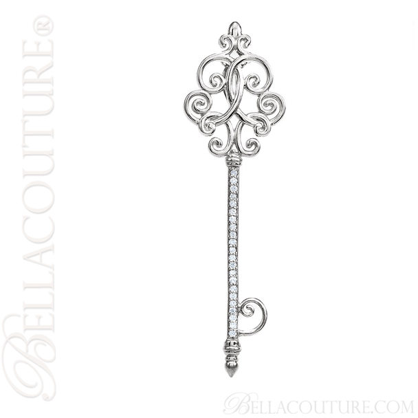 (NEW) BELLA COUTURE OLIVIA FINE GORGEOUS DIAMOND STERLING SILVER SCROLL SCROLLING KEY PENDANT NECKLACE (18" Inches)