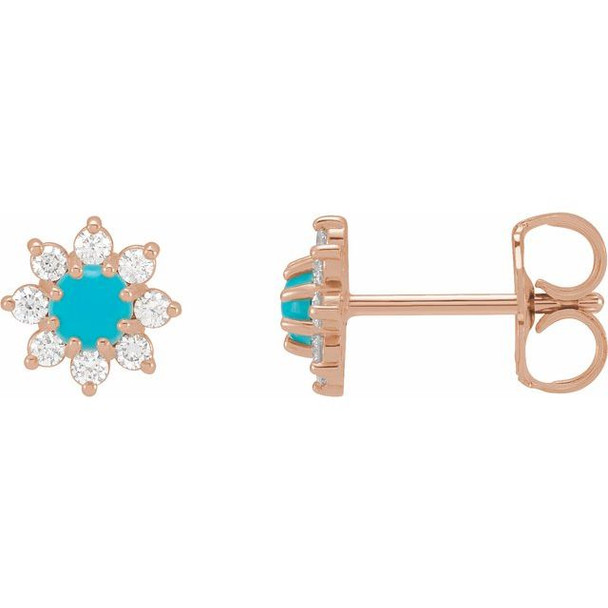 (NEW) BELLA COUTURE® ELLABETTA PETITE DIAMOND CLUSTER AAA+ NATURAL PERSIAN TURQUOISE 14K ROSE GOLD EARRINGS (1/8 CT. TW.)