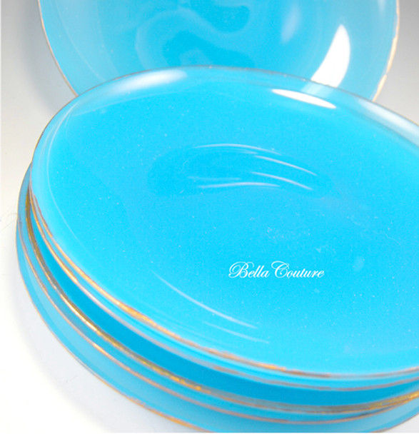 SOLD! - (ANTIQUE) French Blue Opaline Gold Enamel Salad Dessert Bowls Plates Dishes (Set of 6)