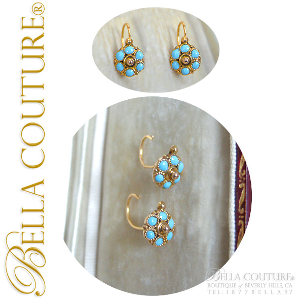SOLD! - Gorgeous Antique Victorian 18K Yellow Gold Persian Hue Turquoise Enamel Flower Earrings Fine French Jewelry