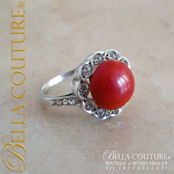 SOLD! - (ANTIQUE) Rare Gorgeous Fine Antique French Victorian Coral Silver (Diamond-Paste) Floral Flower Motif Ring Band Jewelry