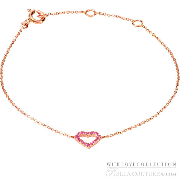 (NEW) BELLA COUTURE DEMURE PINK SAPPHIRE HEART BRACELET in 14K Rose Gold