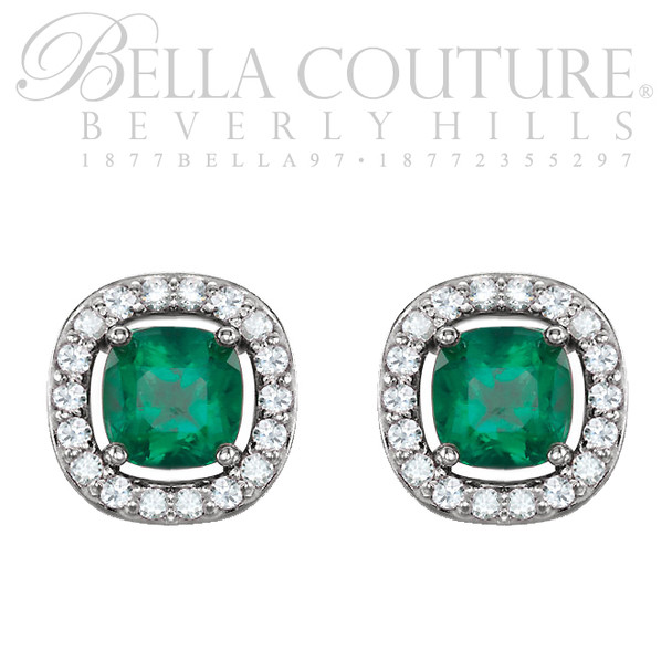 (NEW) BELLA COUTURE 14k White Gold Antique Square Faceted Chatham Emerald 1/10 CT Diamond Earrings