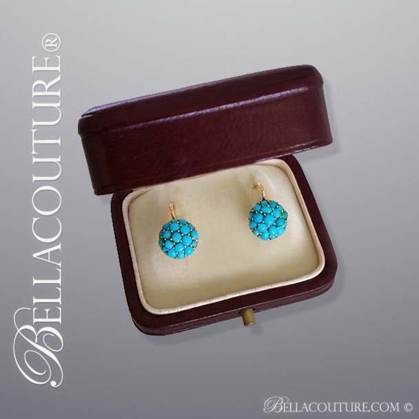 SALE PENDING! - (ANTIQUE) Rare Gorgeous Georgian Victorian Fine Pave' Petite Natural Turquoise 18K Yellow Gold Floral Earrings