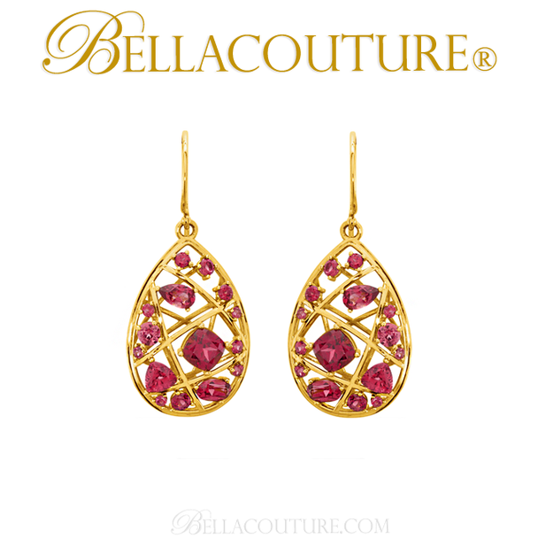 (NEW) Bella Couture Fine Gorgeous Brilliant Nested Rhodolite Garnet 14k Yellow Gold Earrings