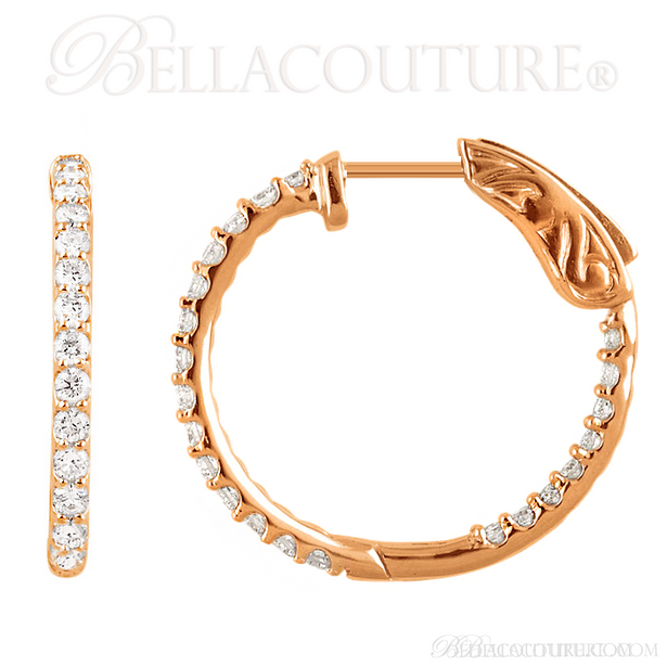 (NEW) BELLA COUTURE FLORA Collection Gorgeous Fine Brilliant 3/4CT Pave' Diamond Inside/Out 14K Rose Gold Hoop Lever Back  Earrings