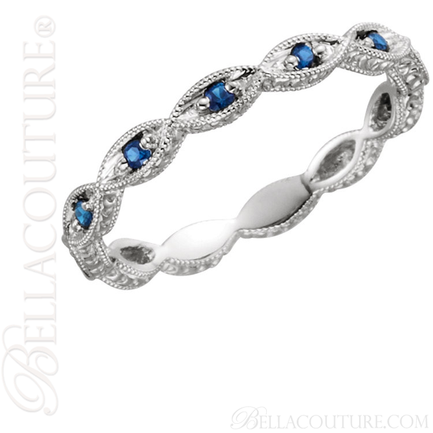 (NEW) BELLA COUTURE FINE GORGEOUS ANTIQUE STYLE GENUINE BLUE SAPPHIRE GEMSTONE 14K WHITE GOLD STACKABLE ANNIVERSARY ETERNITY RING BAND (1/8 CT. TW.)