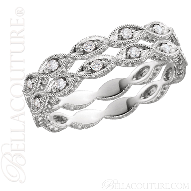 (NEW) BELLA COUTURE FINE GORGEOUS ANTIQUE STYLE GENUINE BLUE SAPPHIRE GEMSTONE 14K WHITE GOLD STACKABLE ANNIVERSARY ETERNITY RING BAND (1/8 CT. TW.)