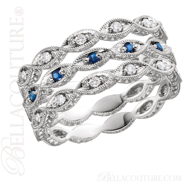 (NEW) BELLA COUTURE FINE GORGEOUS ANTIQUE STYLE GENUINE BLUE SAPPHIRE GEMSTONE 14K WHITE GOLD STACKABLE ANNIVERSARY ETERNITY RING BAND (1/8 CT. TW.)