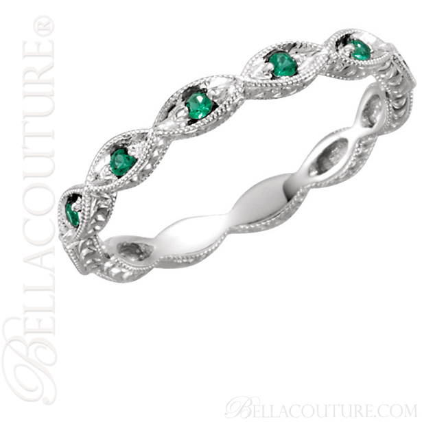 (NEW) BELLA COUTURE FINE GORGEOUS ANTIQUE STYLE GENUINE EMERALD GEMSTONE 14K WHITE GOLD STACKABLE ANNIVERSARY ETERNITY RING BAND (Size 7) (1/8 CT. TW.)