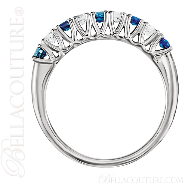 (NEW) BELLA COUTURE CASCADE FINE GENUINE BLUE SAPPHIRE GEMSTONE DIAMOND 14K WHITE GOLD ANNIVERSARY RING