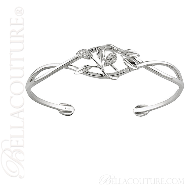 (NEW) BELLA COUTURE FINE ELEGANT SCULPTED LEAF PAVE' DIAMOND 14K WHITE GOLD CUFF BRACELET (ADJUSTABLE)