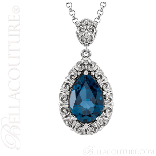 (NEW) BELLA COUTURE La VICTORIA FINE GORGEOUS GENUINE LONDON BLUE TOPAZ SCROLLING PENDANT NECKLACE (18" Inches)