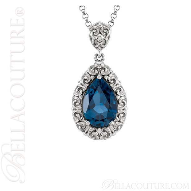 (NEW) BELLA COUTURE La VICTORIA FINE GORGEOUS GENUINE LONDON BLUE TOPAZ SCROLLING PENDANT NECKLACE (18" Inches)