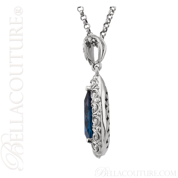 (NEW) BELLA COUTURE La VICTORIA FINE GORGEOUS GENUINE LONDON BLUE TOPAZ SCROLLING PENDANT NECKLACE (18" Inches)