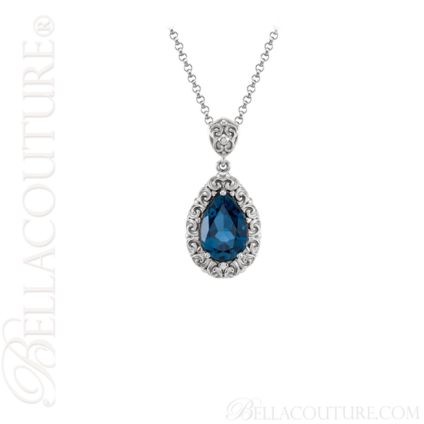 (NEW) BELLA COUTURE La VICTORIA FINE GORGEOUS GENUINE LONDON BLUE TOPAZ SCROLLING PENDANT NECKLACE (18" Inches)