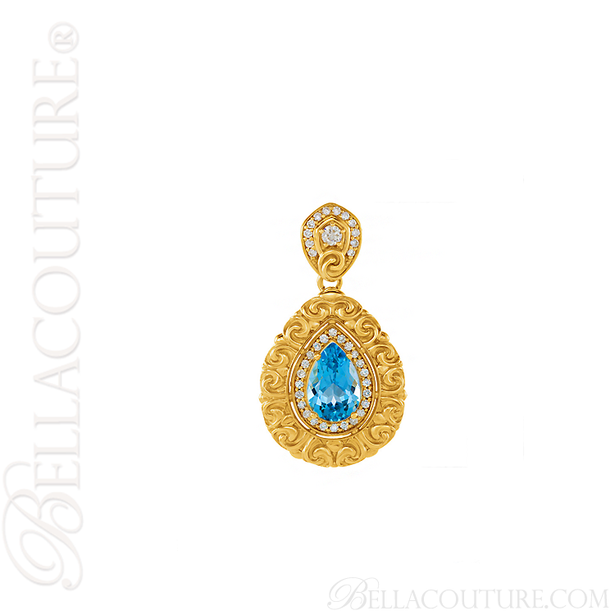 (NEW) BELLA COUTURE La VICTORIA FINE GORGEOUS GENUINE SWISS BLUE TOPAZ DIAMOND 14K YELLOW GOLD SCROLLING PENDANT (1/2 CT. TW.)