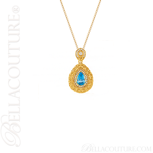 (NEW) BELLA COUTURE La VICTORIA FINE GORGEOUS GENUINE SWISS BLUE TOPAZ DIAMOND 14K YELLOW GOLD SCROLLING PENDANT NECKLACE (1/2 CT. TW.) (18" Inches)