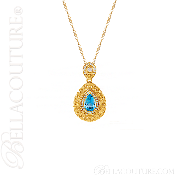 (NEW) BELLA COUTURE La VICTORIA FINE GORGEOUS GENUINE SWISS BLUE TOPAZ DIAMOND 14K YELLOW GOLD SCROLLING PENDANT NECKLACE (1/2 CT. TW.) (18" Inches)