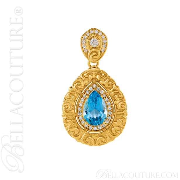 (NEW) BELLA COUTURE La VICTORIA FINE GORGEOUS GENUINE SWISS BLUE TOPAZ DIAMOND 14K YELLOW GOLD SCROLLING PENDANT NECKLACE (1/2 CT. TW.) (18" Inches)