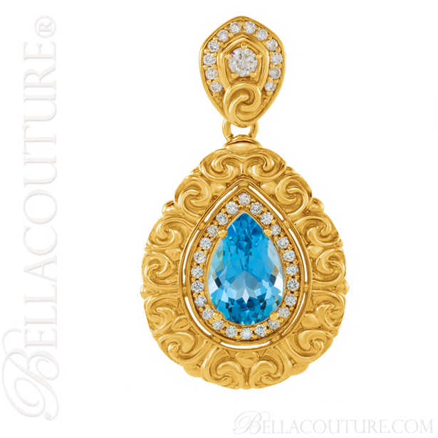 (NEW) BELLA COUTURE La VICTORIA FINE GORGEOUS GENUINE SWISS BLUE TOPAZ DIAMOND 14K YELLOW GOLD SCROLLING PENDANT NECKLACE (1/2 CT. TW.) (18" Inches)