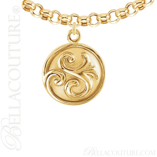 (NEW) BELLA COUTURE Fine Elegant 18K Solid Yellow Gold Scroll Dangle Drop Circle Charm (14MM H x 11MM W x 4.5MM D)