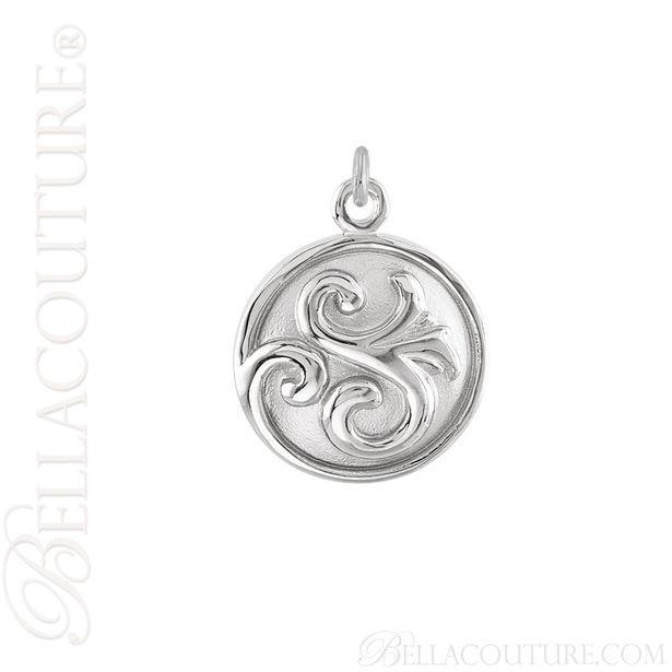 (NEW) BELLA COUTURE Fine Elegant 14K Solid White Gold Scroll Dangle Drop Circle Charm (14MM H x 11MM W x 4.5MM D)