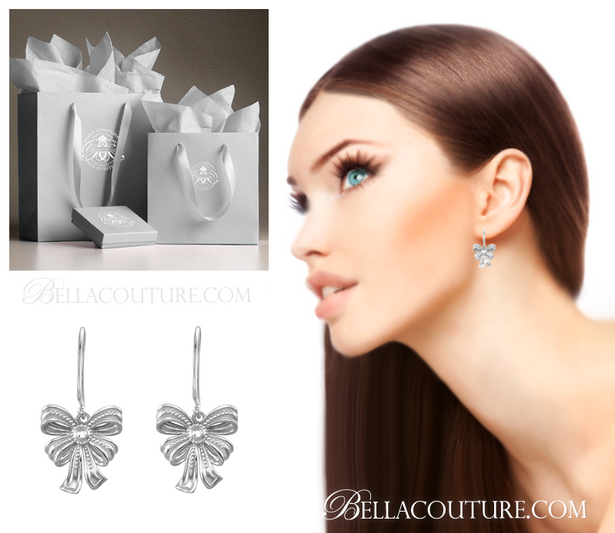 (NEW) BELLA COUTURE FINE GORGEOUS VINTAGE INSPIRED DELICATE 14K WHITE GOLD DANGLE DROP BOW EARRINGS