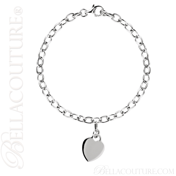 (NEW) BELLA COUTURE Fine Sterling Silver Gold Heart Rolo Chain Charm Bracelet (7.5" Inch - Adjustable)