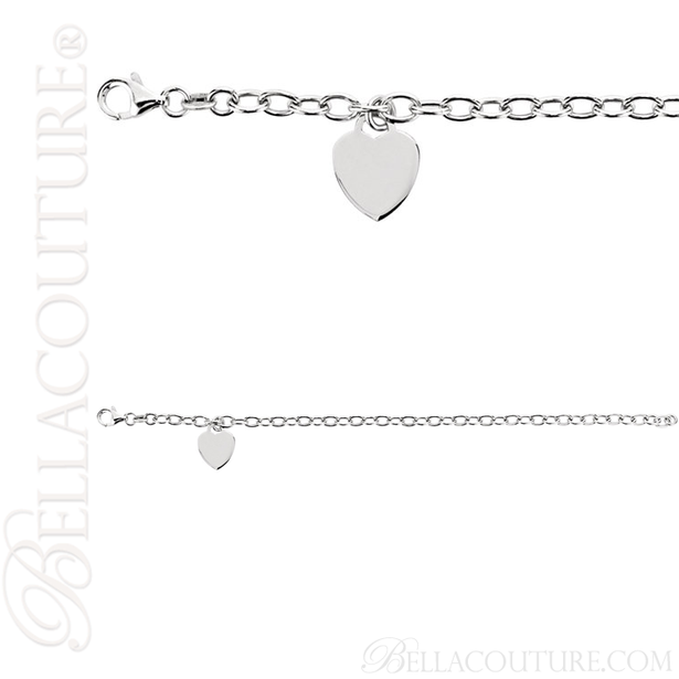 (NEW) BELLA COUTURE Fine Sterling Silver Gold Heart Rolo Chain Charm Bracelet (7.5" Inch - Adjustable)