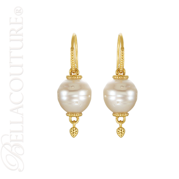 (NEW) BELLA COUTURE ETRUSCAN COLLECTION Fine Elegant 11MM South Sea Cultured Pearl 14K Yellow Gold Dangle Drop Earrings