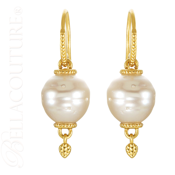 (NEW) BELLA COUTURE ETRUSCAN COLLECTION Fine Elegant 11MM South Sea Cultured Pearl 14K Yellow Gold Dangle Drop Earrings