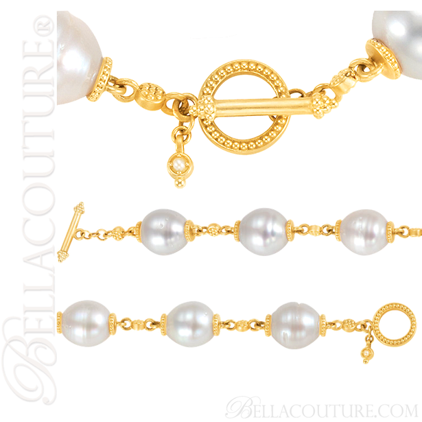 (NEW) BELLA COUTURE ETRUSCAN COLLECTION Fine White South Sea Pearl 11.5MM 14K Solid Yellow Gold Chain Toggle Dangle Drop Accent Bracelet