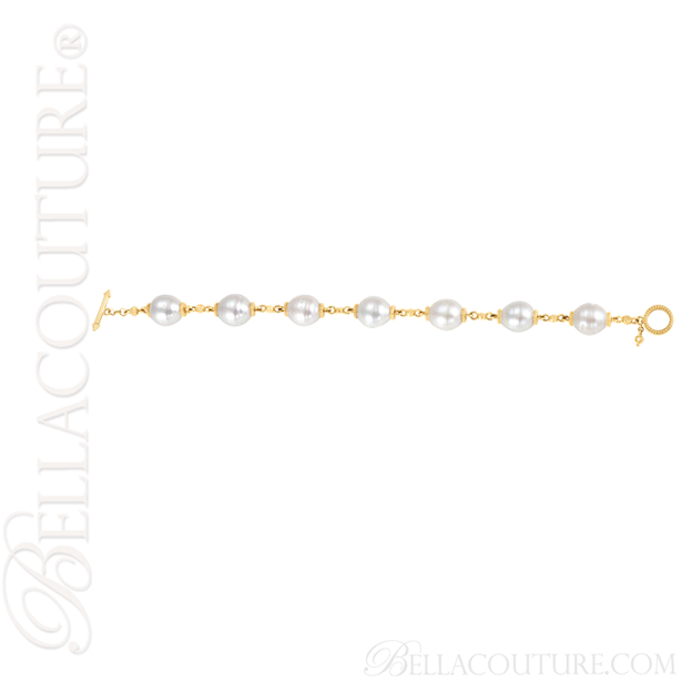 (NEW) BELLA COUTURE ETRUSCAN COLLECTION Fine White South Sea Pearl 11.5MM 14K Solid Yellow Gold Chain Toggle Dangle Drop Accent Bracelet