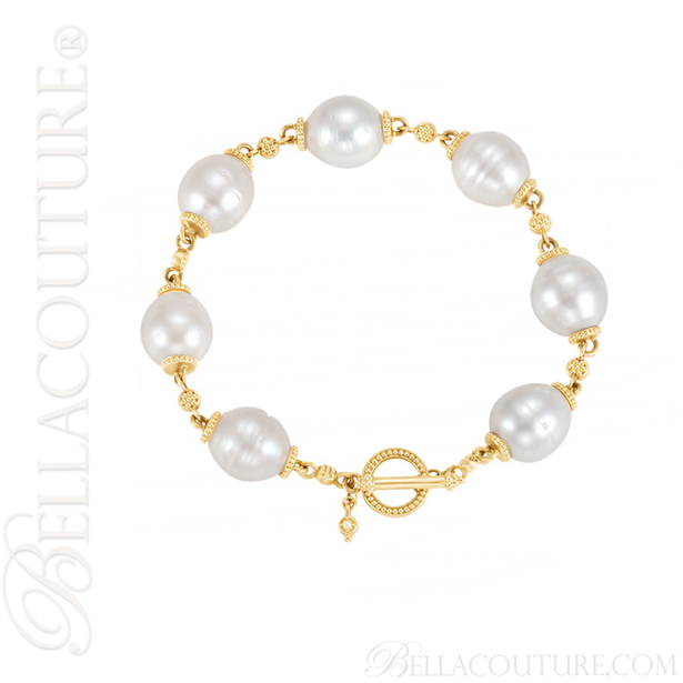 (NEW) BELLA COUTURE ETRUSCAN COLLECTION Fine White South Sea Pearl 11.5MM 14K Solid Yellow Gold Chain Toggle Dangle Drop Accent Bracelet