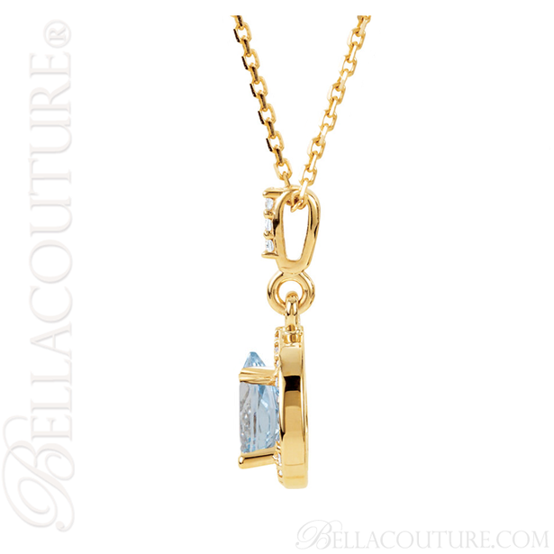 (NEW) BELLA COUTURE GORGEOUS FINE AQUAMARINE DIAMOND 14K YELLOW GOLD PENDANT NECKLACE (18" Inches)