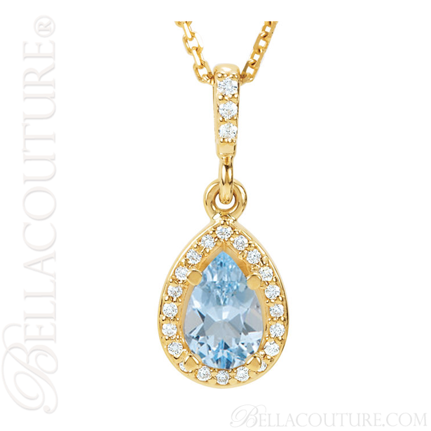 (NEW) BELLA COUTURE GORGEOUS FINE AQUAMARINE DIAMOND 14K YELLOW GOLD PENDANT NECKLACE (18" Inches)