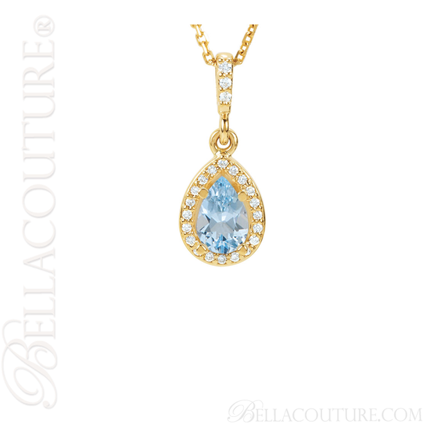 (NEW) BELLA COUTURE GORGEOUS FINE AQUAMARINE DIAMOND 14K YELLOW GOLD PENDANT NECKLACE (18" Inches)
