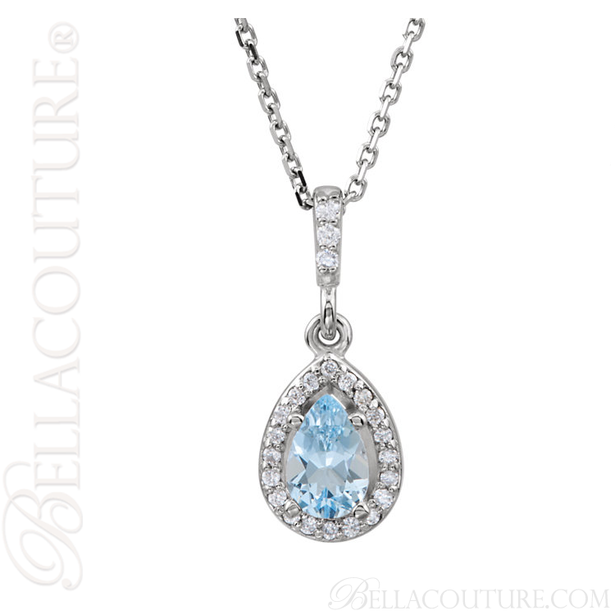 (NEW) BELLA COUTURE GORGEOUS FINE AQUAMARINE DIAMOND 14K WHITE GOLD PENDANT NECKLACE (18" Inches)