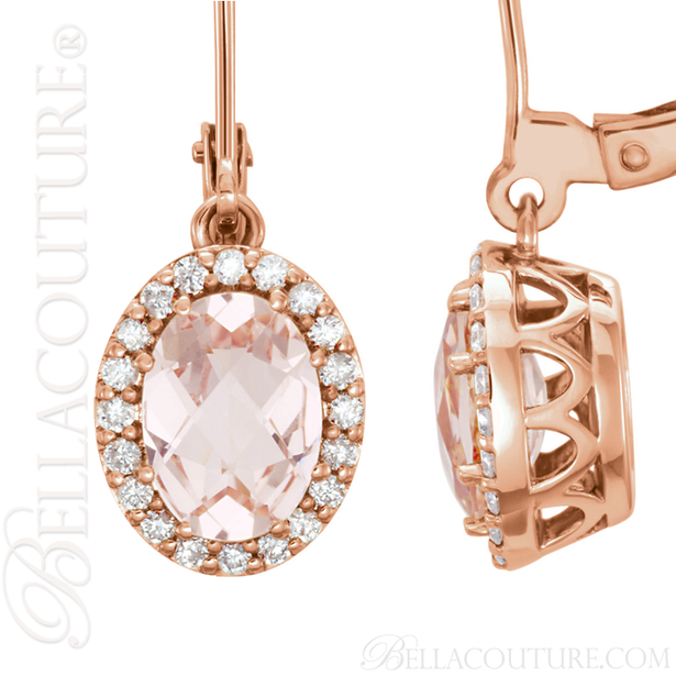 (NEW) BELLA COUTURE MORGANITE COLLECTION FINE MORGANITE 1/5 CT DIAMOND 14K ROSE GOLD DANGLE DROP EARRINGS