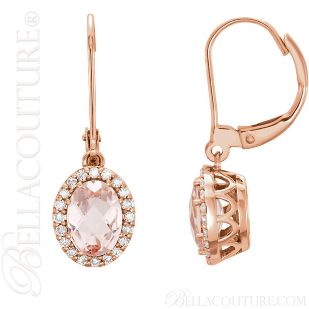 (NEW) BELLA COUTURE MORGANITE COLLECTION FINE MORGANITE 1/5 CT DIAMOND 14K ROSE GOLD DANGLE DROP EARRINGS