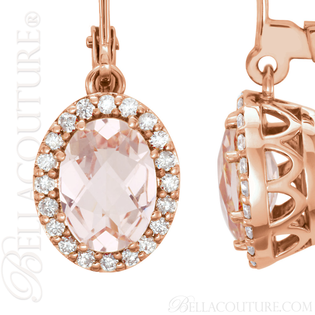 (NEW) BELLA COUTURE MORGANITE COLLECTION FINE MORGANITE 1/5 CT DIAMOND 14K ROSE GOLD DANGLE DROP EARRINGS