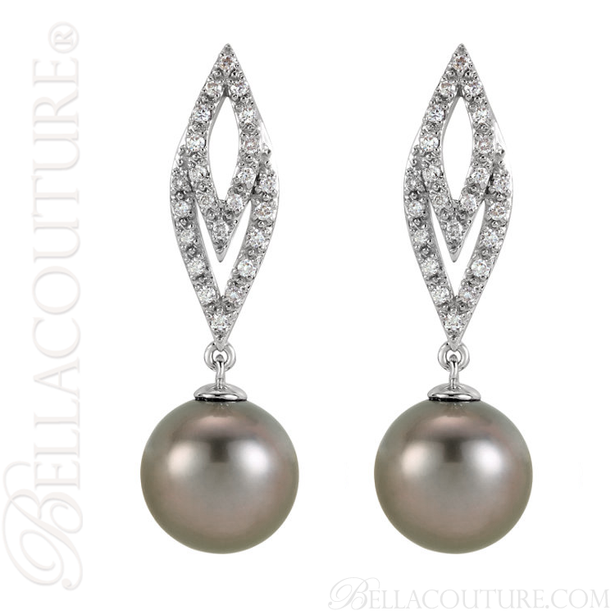 (NEW) BELLA COUTURE CORA Fine Tahitian Cultured Pearl Diamond 14K White Gold Dangle Drop Earrings