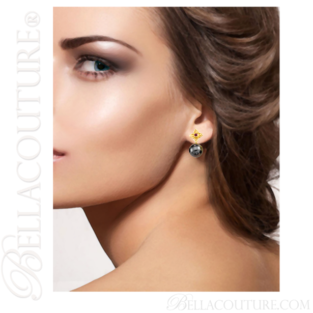 (NEW) BELLA COUTURE MINNA Fine Tahitian Cultured Pearl Ruby 14K Yellow Gold Dangle Drop Earrings