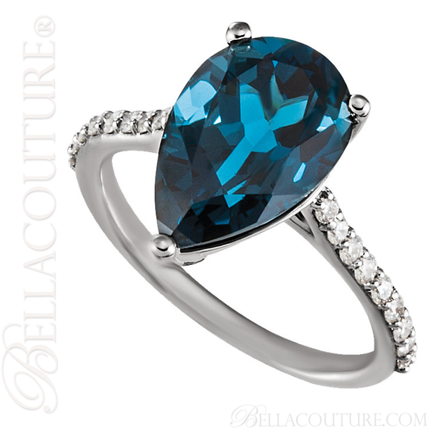 (NEW) BELLA COUTURE Le SORIA FINE GENUINE LONDON BLUE TOPAZ DIAMOND RING 14K WHITE GOLD RING