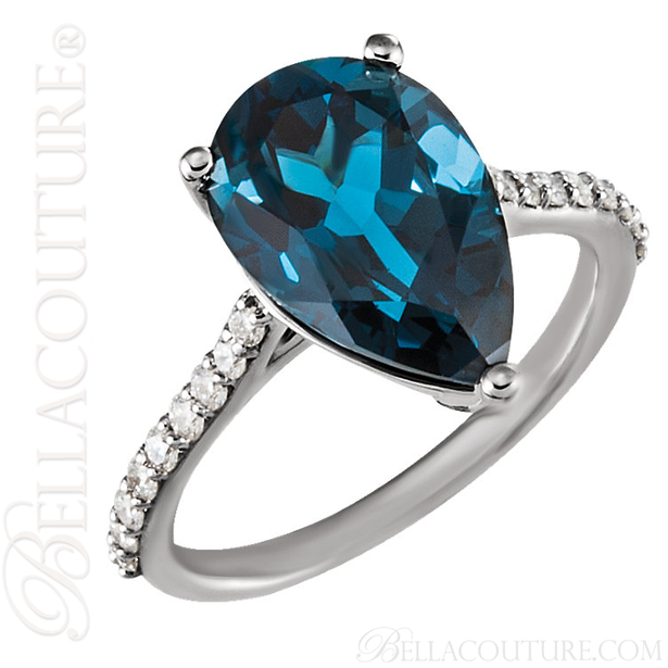 (NEW) BELLA COUTURE Le SORIA FINE GENUINE LONDON BLUE TOPAZ DIAMOND RING 14K WHITE GOLD RING