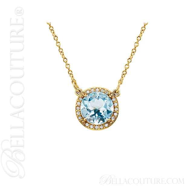 (NEW) BELLA COUTURE OPHELIA FINE GORGEOUS SKY BLUE TOPAZ GEMSTONE DIAMOND 14K YELLOW GOLD PENDANT NECKLACE (16" Inches)