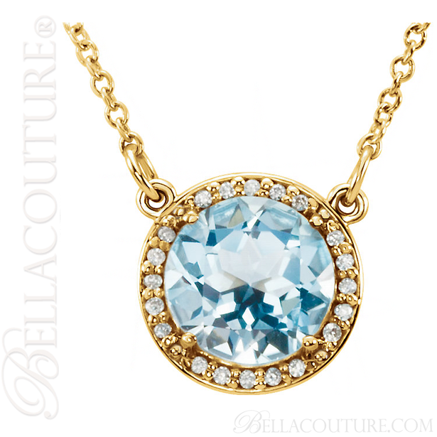 (NEW) BELLA COUTURE OPHELIA FINE GORGEOUS SKY BLUE TOPAZ GEMSTONE DIAMOND 14K YELLOW GOLD PENDANT NECKLACE (16" Inches)