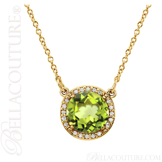 (NEW) BELLA COUTURE OPHELIA FINE GORGEOUS PERIDOT GEMSTONE DIAMOND 14K YELLOW GOLD PENDANT NECKLACE (16" Inches)